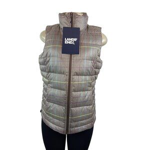 Lands End Women's Brown Plaid Puffer and Turtleneck Down Vest Sz S - New